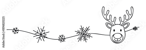 Hand drawn outline reindeer head and falling snowflakes string doodle for festive Christmas holiday decorations greeting cards and winter season event projects