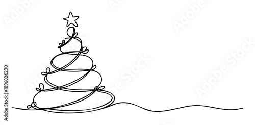 Elegant continuous line drawing of a minimalist Christmas tree topped with a star perfect for festive holiday greetings seasonal promotions and winter celebration designs