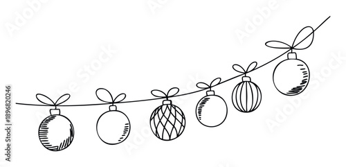 Hand drawn black outline Christmas baubles hanging on a string doodle sketch perfect for holiday greetings and festive season decorations