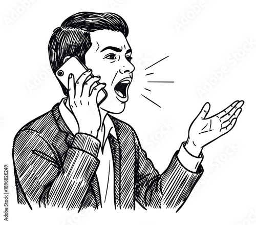 Frustrated businessman intensely shouts into his mobile phone during an emotional conversation, ideal for illustrating communication breakdown or stress in business scenarios