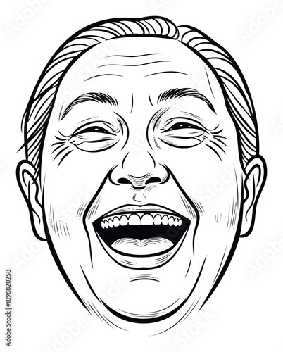 A senior Asian individual joyfully expressing genuine happiness through a wide open mouth laugh, perfect for celebrating humor and positive emotions in various communication projects.