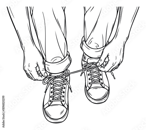 A persons hands are shown tying the laces of their canvas sneakers, viewed from above, perfect for depicting preparation, readiness, or daily routines in various lifestyle and activity