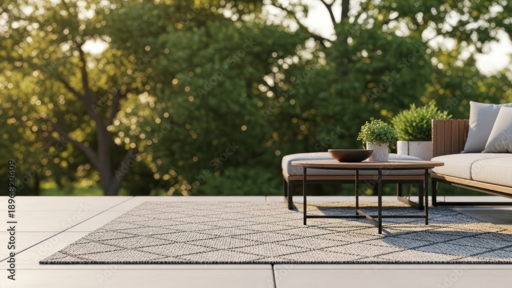 Obraz premium Outdoor patio scene with sofa and table against lush greenery