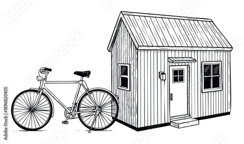 Quaint black and white sketch of a vintage bicycle parked beside a rustic wooden house perfect for traditional lifestyle concepts and country living publications