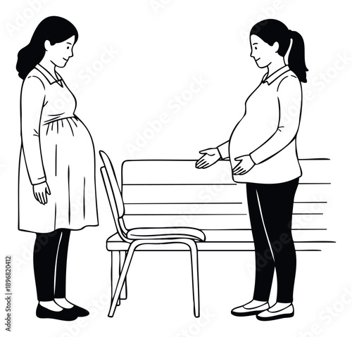 Expectant mothers stand facing each other with a seat between them, one offering a chair, representing compassion and support for prenatal care and public health awareness.