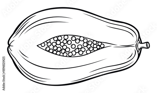 Black and white line drawing of a ripe papaya fruit cut in half with visible seeds, perfect for healthy meal preparation, educational resources, or tropical cuisine guides.