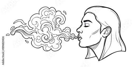 Serene young woman exhaling stylized vapor or smoke creating intricate swirling clouds, perfect for themes of relaxation, aromatherapy, mindfulness, or calm wellness visuals.