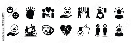Black icons representing emotions, empathy, support, and social connection, showing happiness, sadness, mental health, helping hands, and diverse human interactions