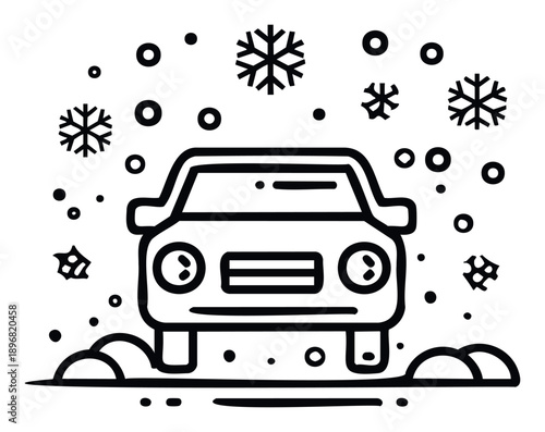 Simple line drawing of a car in a snowy environment with falling snowflakes and snowdrifts on the ground, ideal for winter season graphics, weather forecasts, or automotive safety