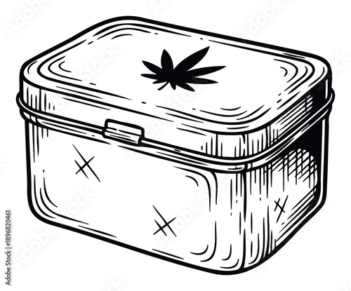 Simple hand drawn style cannabis storage box with a leaf symbol on the lid, perfect for showcasing herbal product accessories or lifestyle graphic designs