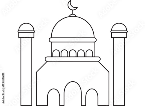 Mosque Islamic architectural monument with domes and minarets in line art style, intricate design featuring arches, crescent moon, and detailed structural elements, detailed line drawing