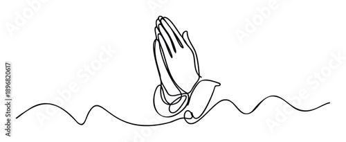 A minimalist one line drawing of human praying hands accompanied by a graceful flying dove, symbolizing peace, hope, and spiritual connection for various graphic design applications.