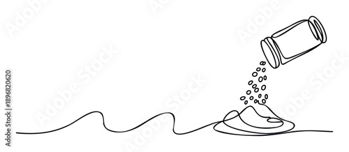 A simple continuous line drawing depicting a salt shaker pouring fine grains onto a small mound, creating a minimalist graphic for kitchenrelated content or culinary advertisements.