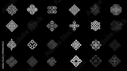 Minimal geometric knot symbols inspired by Chinese culture. Abstract decorative patterns in monochrome style for branding backgrounds icons and modern design projects.