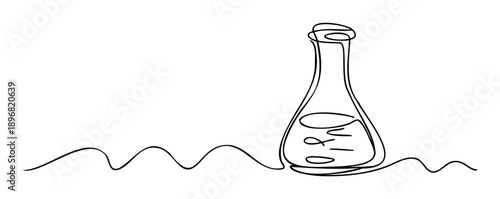 Simple continuous line drawing of an Erlenmeyer flask with liquid, representing chemistry, research, and scientific exploration, perfect for educational materials and laboratory branding.