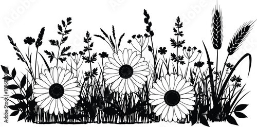 described is a striking black and white illustration that features a variety of flowers and plants, characterized by its bold silhouettes and clean design