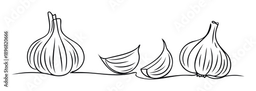 Simple line drawing of whole garlic bulbs and separate cloves ready for cooking, perfect for culinary blogs, restaurant menus, or foodrelated product packaging.