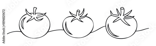 Simple black and white line outline drawing of three ripe garden tomatoes with stems, ideal for minimalistic graphic design projects, organic food marketing, recipe illustrations, and