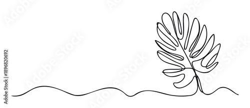 Minimalist continuous line drawing of a tropical monstera leaf emerging from a wavy line, perfect for elegant home decor, natural wellness themes, or modern graphic design projects.
