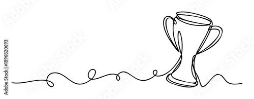 A simple continuous line drawing of a stylized trophy cup gracefully emerging from a fluid single stroke, ideal for conveying concepts of achievement, victory, and success for sports or