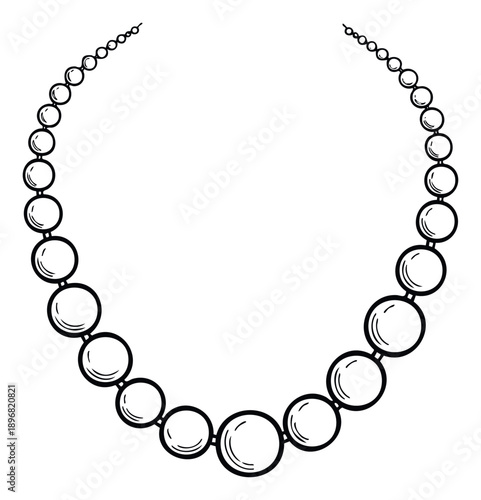Elegant minimalist black and white string of spherical beads forming a gracefully arched necklace outline suitable for sophisticated graphic elements or accessory product displays