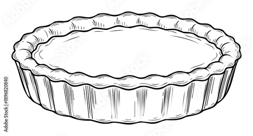 Black and white line work of a round fluted baking pan, ideal for visualizing dessert preparations, cooking instructions, food packaging, or restaurant menu applications.
