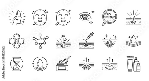 Vector skincare and beauty icons set, including faces, eye, sun, molecules, plants, and products, for website or app UI, Isolated on transparent background, png