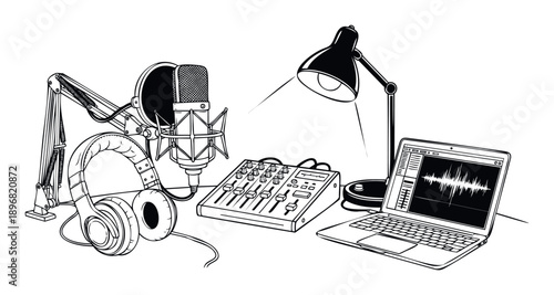 Professional audio recording setup with microphone, headphones, mixer, and laptop for podcast production, radio broadcast, and music creation in a home studio environment.