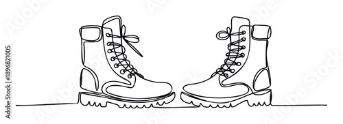 Pair of adventure hiking boots depicted in a modern continuous single line style, ideal for use as a graphic resource for outdoor lifestyle themes, travel advertisements, or active footwear