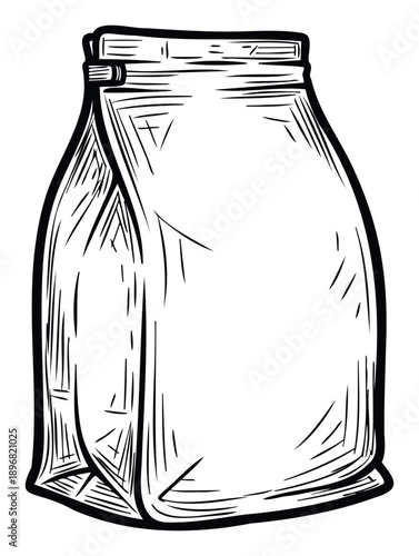 Black and white graphic of a standing closed paper bag, featuring natural folds and texture, perfect for packaging concepts, branding materials, or minimalist graphic resources.