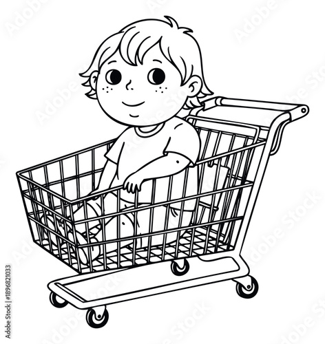 Young boy sitting happily inside a metal shopping cart, perfect for familyfocused advertisements and educational materials about grocery shopping experiences for children