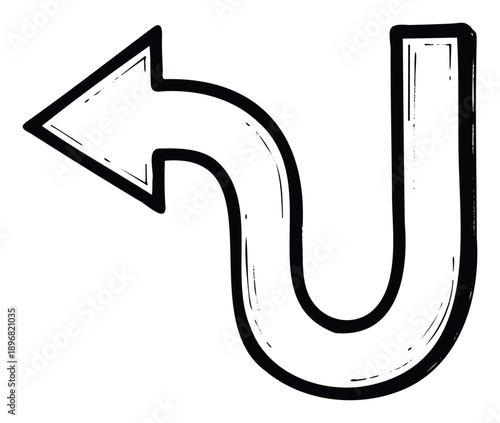 Hand drawn doodle style arrow pointing left after a U shaped curve useful for indicating direction, return, or flow in graphic interfaces and presentations.