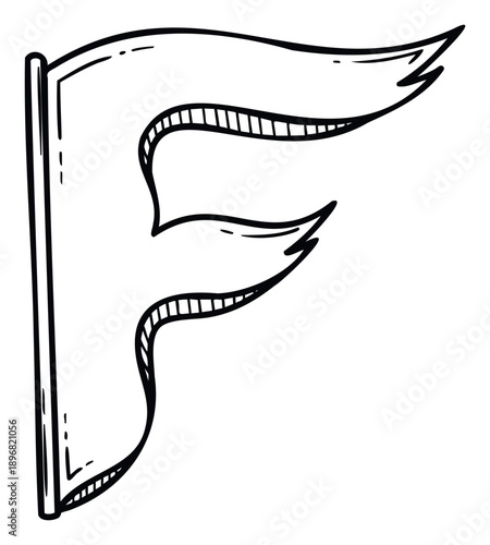 Hand drawn letter F pennant flag symbol for initial alphabet identity or sports club team logo and education learning material