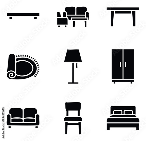 Various domestic furnishing elements and decorative accents displayed as solid black icons useful for architectural renderings and apartment staging visuals