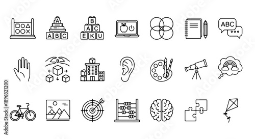 Black line icons set of business, technology, and communication symbols, including graphs, gears, ear, telescope, and speech bubbles, for website, app, or presentation use