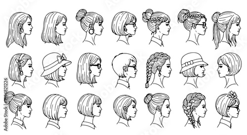 Vector illustration of 20 different hairstyles for women, including braids, buns, and ponytails, with various headgear, for mockup or template, isolated on transparent background, png
