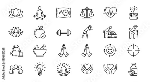Black line icons for wellness, fitness, and mindfulness, including meditation, yoga, and healthy living symbols, for website or app UI, isolated on transparent background, png