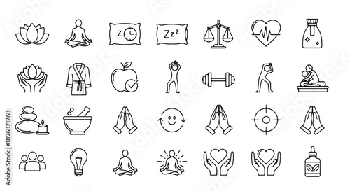 Yoga and wellness icons set, line art style, for website or presentation, isolated on transparent background, png