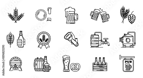 Black line art beer brewery icons set, including hops, beer glasses, bottles, and barrels, for logo, branding, or advertising material