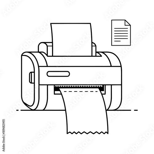Printer device printing document with paper tray open and sheet emerging simple line art illustration on white background office equipment in action