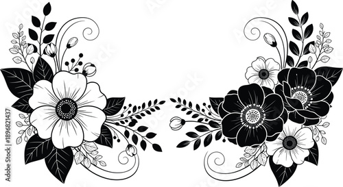 described showcases a beautifully symmetrical floral design that emphasizes contrast and elegance through its use of color and form.

On the left side, the white flower with a dark center stands out a