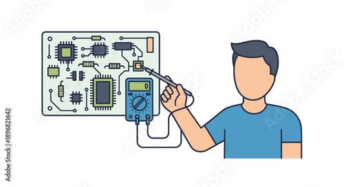 Man soldering a circuit board with a multimeter electronic repair concept.