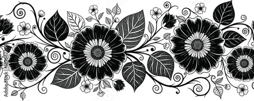 black and white floral design with intricate and decorative elements.