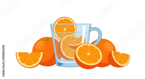 Refreshing Orange Juice: Glass with Slices and Whole Oranges.