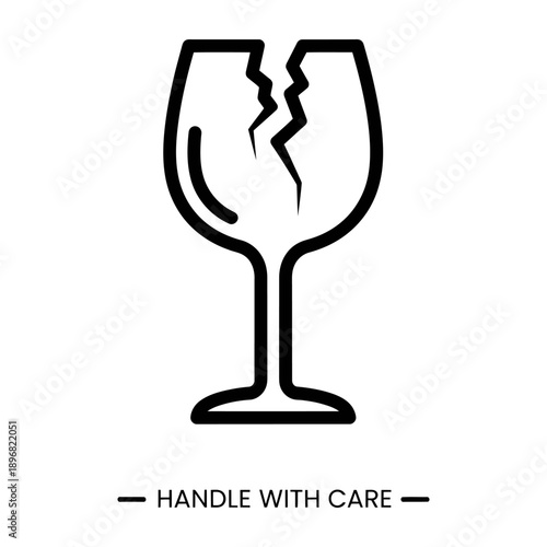 Cracked wine glass symbolizing fragility and caution with 'handle with care' text emphasizing delicate handling minimalist design