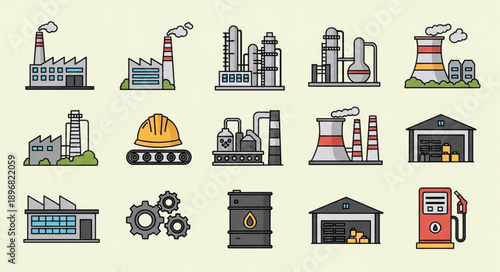 Collection of Industrial Factory and Building Icons.