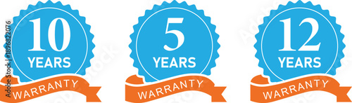10, 5, 12 year warranty badges, long term warranty labels with ribbons for long-lasting product reliability, consumer assurance and premium certification.