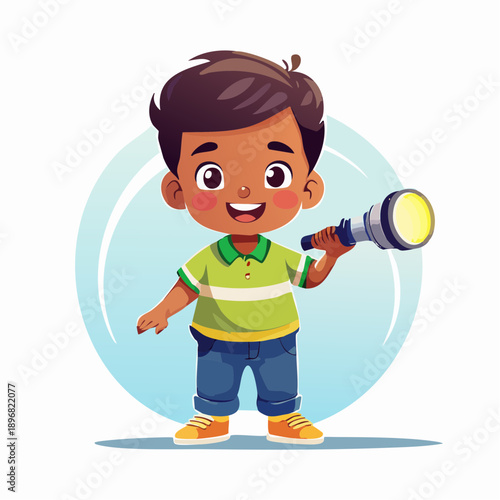 Cartoon Boy Holding Flashlight Smiling.