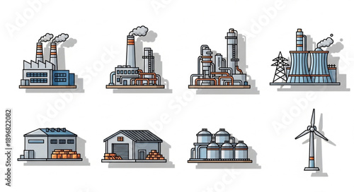 Collection of industrial factory and building icons with wind turbine.