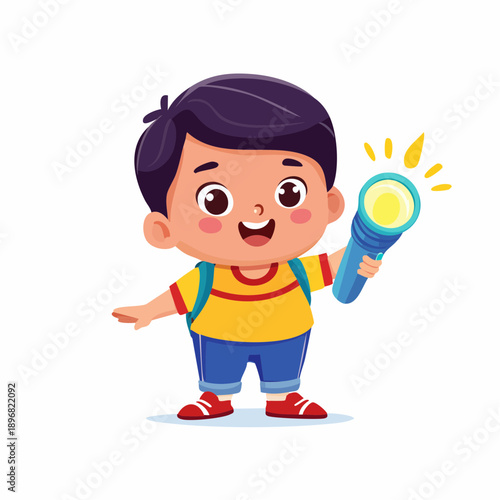 Cartoon Boy Holding Flashlight Smiling.